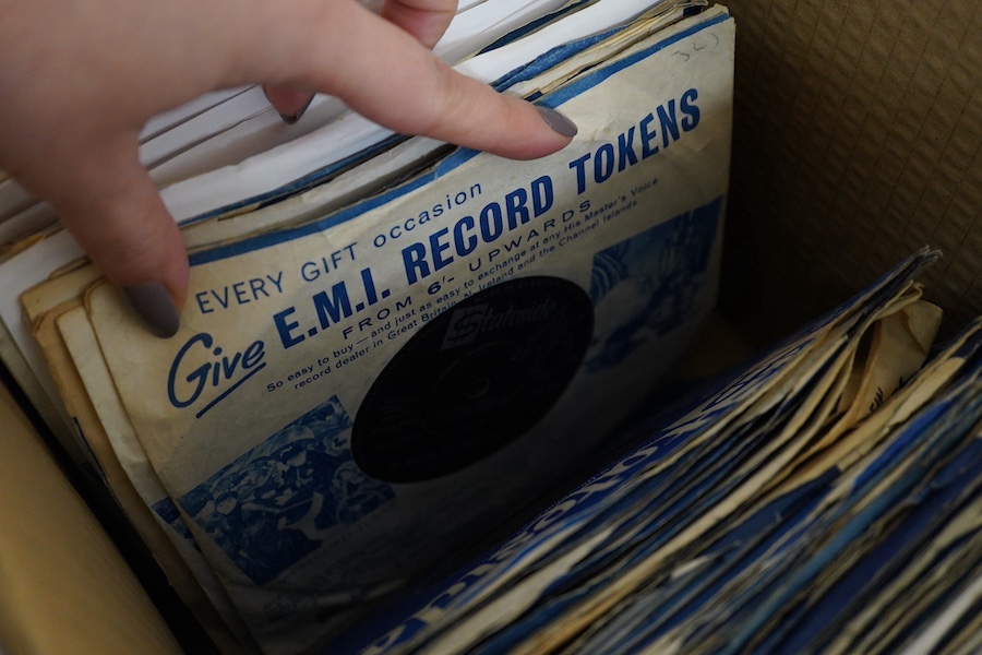 Three boxes of 7 inch singles, all on Atlantic, Brunswick and Stateside record labels, artists include; Otis Redding, the Drifters, Iron Butterfly, Aretha Franklin, King Curtis, the Vanilla Fudge, Wilson Pickett, Sony an